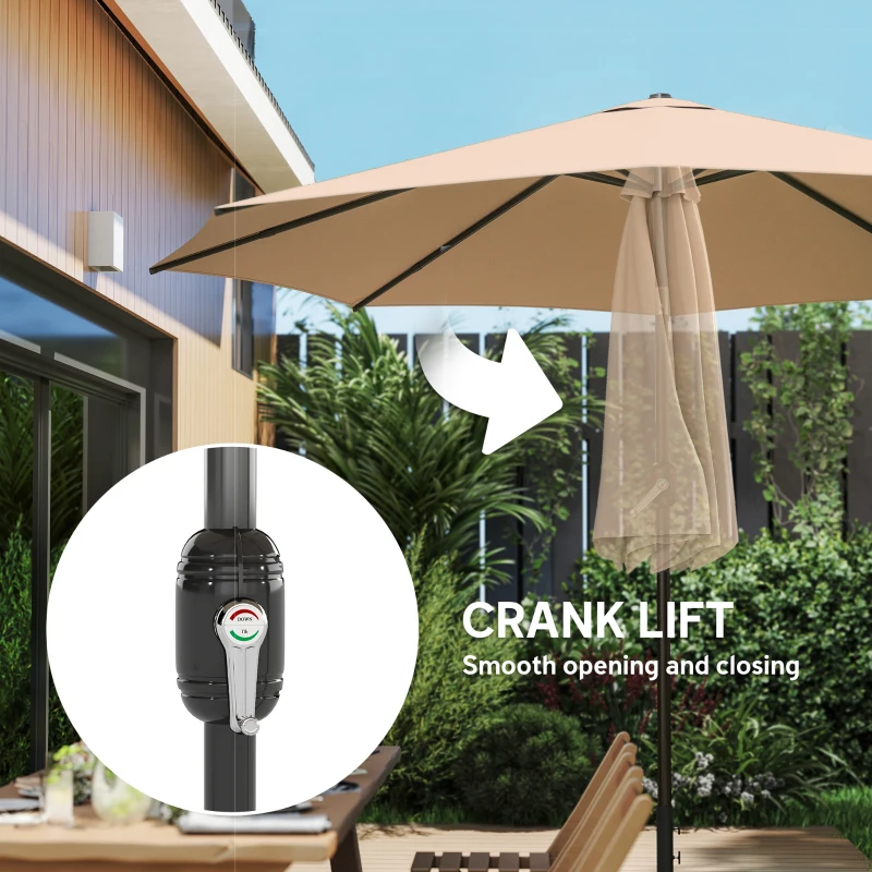 Outsunny 2.7 m Garden Parasol Umbrella with Cross Base and Sandbag, Retractable Ribs, Outdoor Table Market Umbrella, Khaki