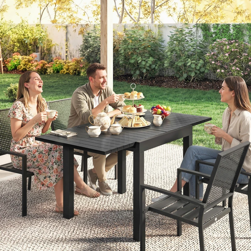 Outsunny Extending Garden Table for 4-6, Aluminium Outdoor Dining Table with Faux Wood Slatted Top, Black
