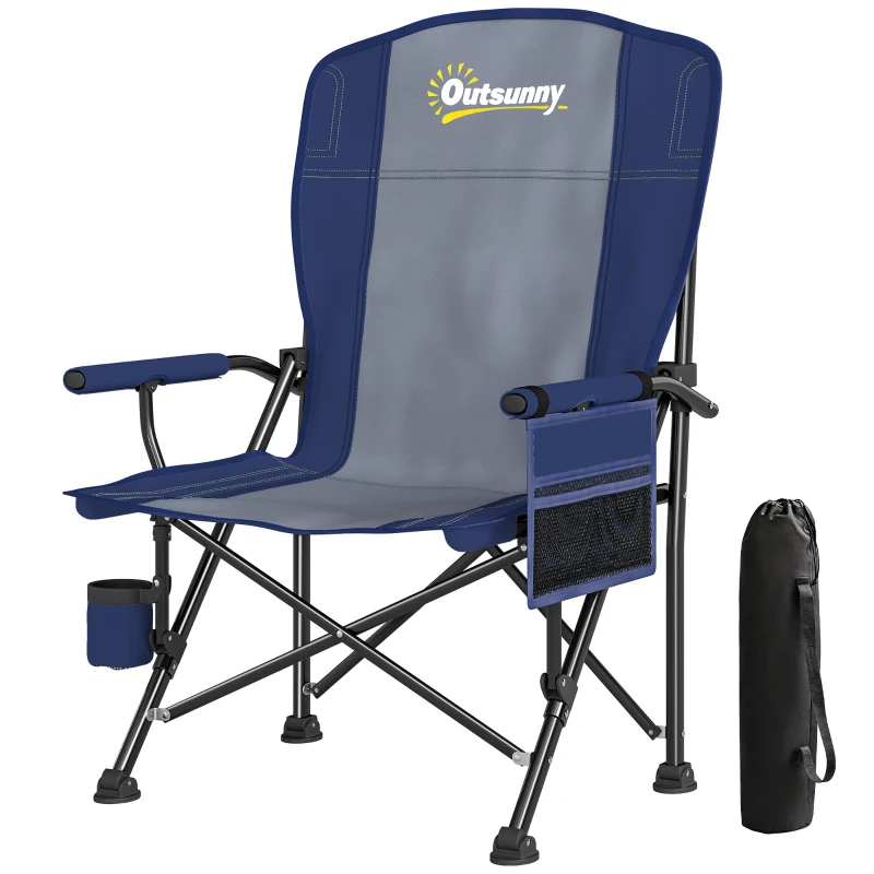 Outsunny Padded Camping Chair Adults Heavy Duty Folding Chair Side Pocket Cup Holder Carry Bag Outdoor Dark Blue