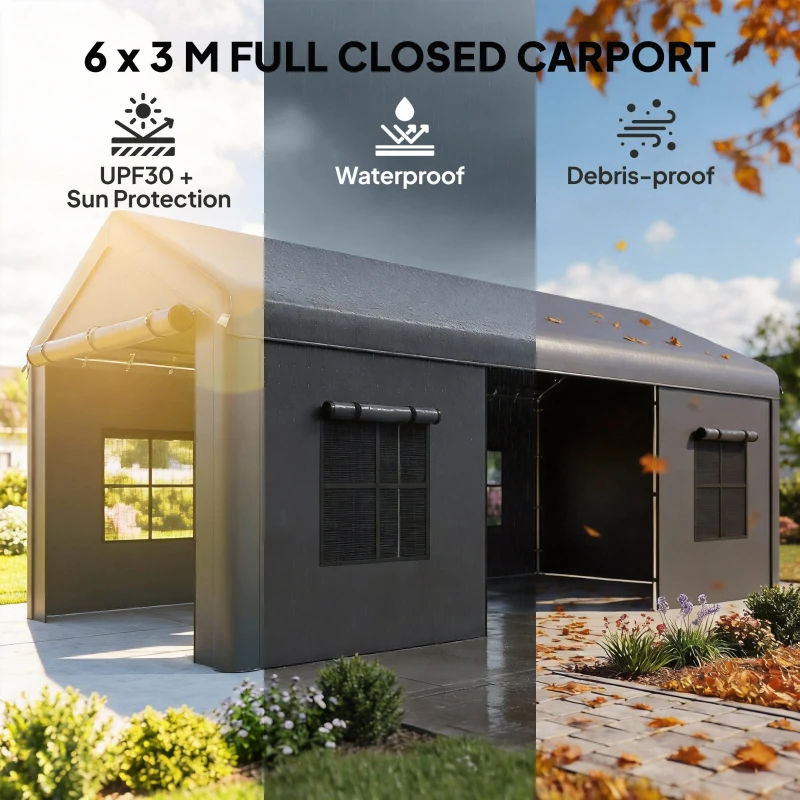 Outsunny 3 x 6 m Heavy Duty Carport, Portable Garage Car Canopy Tent with Galvanised Frame, Doors, Windows, Dark Grey