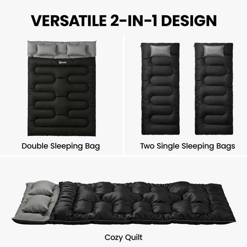 Outsunny Double Sleeping Bag with 2 Pillows, 220 x 160 cm Extra-Large Sleeping Bag for Adults, Black