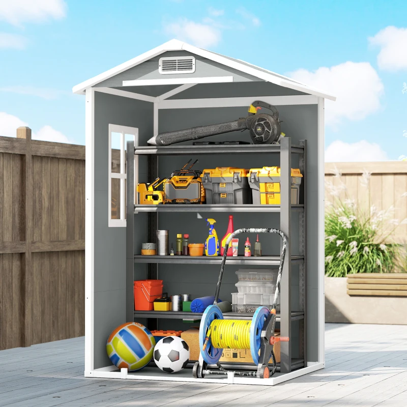 Outsunny 4 x 3 ft Plastic Garden Shed with Floor, Outdoor Storage Shed with Lockable Door, Window and Vent, Light Grey