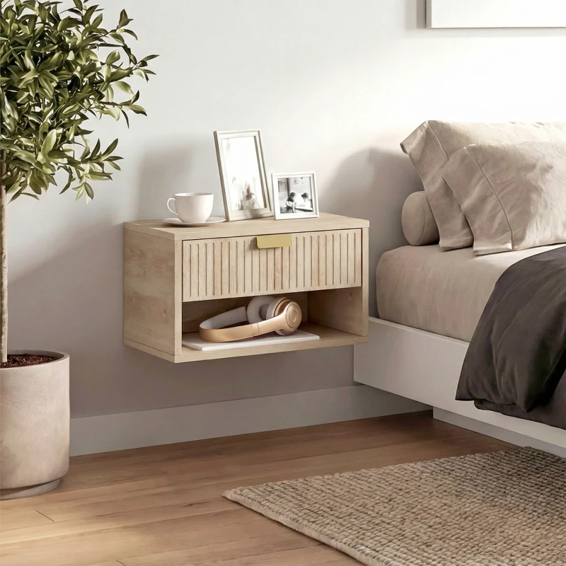 HOMCOM Set of 2 Wall Mounted Nightstands, Floating Bedside Tables with Fluted Drawer and Open Shelf for Small Bedroom, Oak