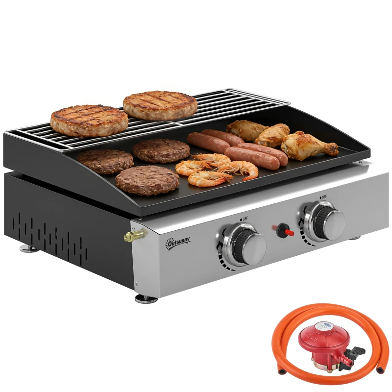 Outsunny 2 Burner Grill Griddle, Portable Gas Plancha with Warming Rack, 5 kW, Tabletop Gas BBQ with Grease Cup, Black