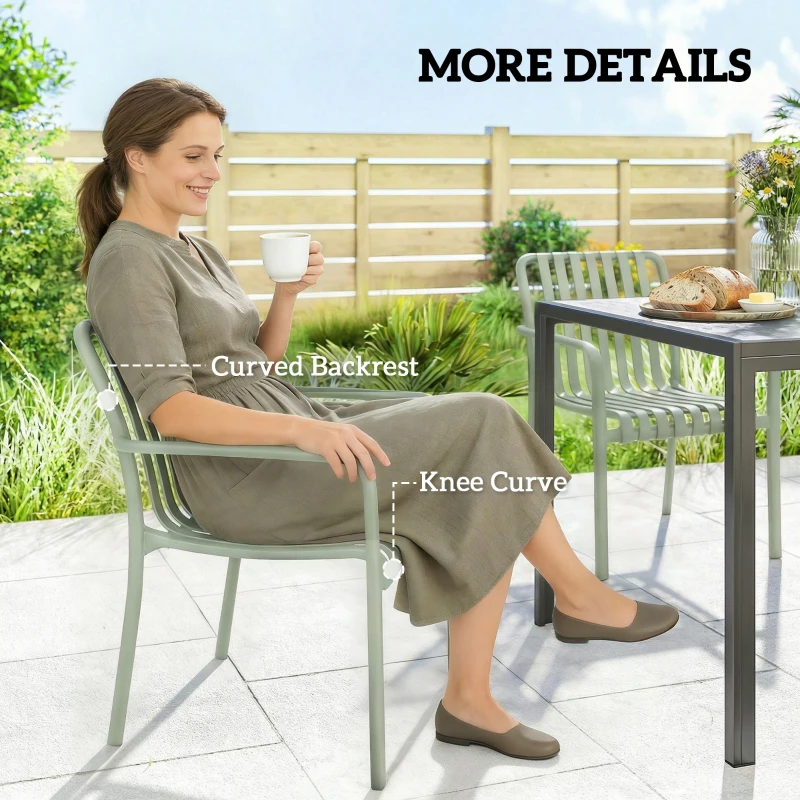 Outsunny Lote de 4 Sillas de Jardín Apilables de Polipropileno Anti-UV con Reposabrazos y Respaldo de Listones Ergonómico Gris Verde