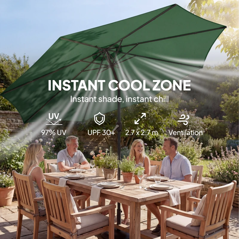 Outsunny 2.7 m Garden Parasol Umbrella with Cross Base and Sandbag, Retractable Ribs, Outdoor Table Market Umbrella, Green