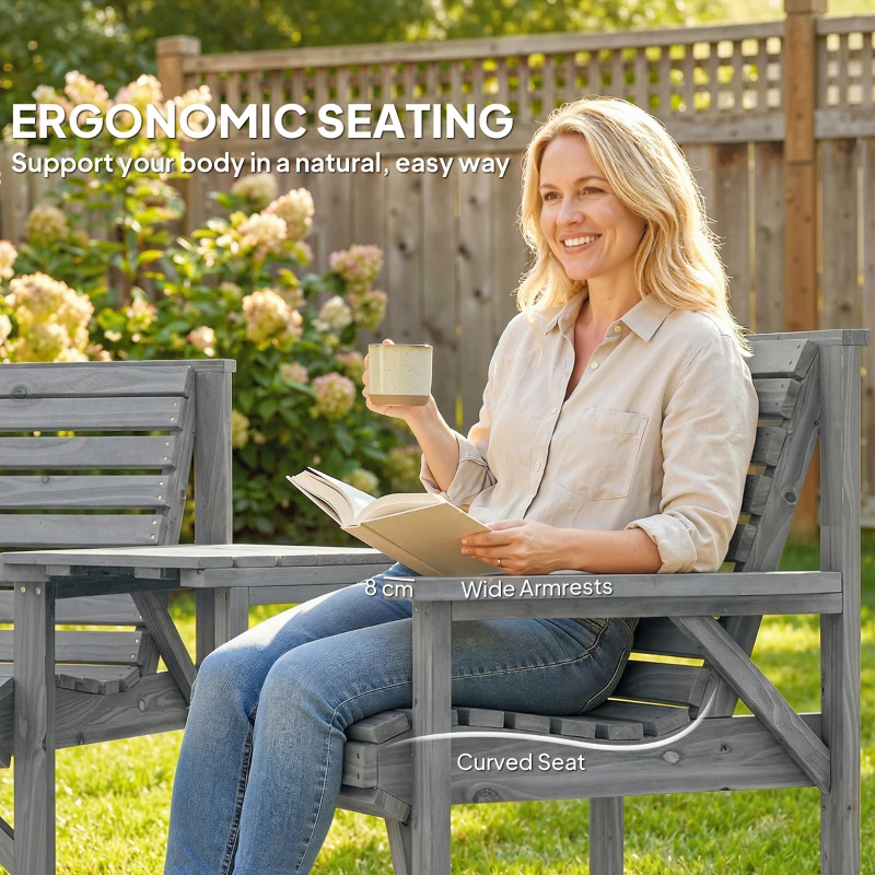 Outsunny Wooden Garden Furniture Set with Parasol Hole, 1 Chair, 1 Bench and Detachable Table, Grey Embossed Finish