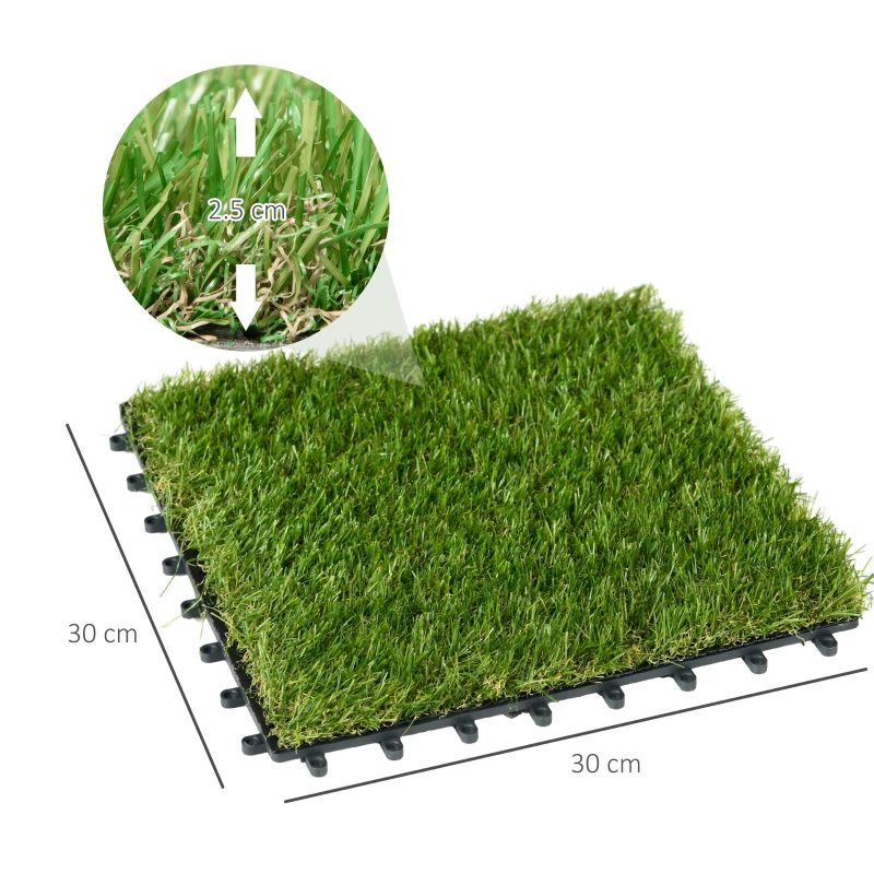 Outsunny 10-Piece Artificial Grass Set, Weatherproof Turf Tiles, 25mm Pile Height, Outdoor Carpet for Garden, Balcony & Patio, 30 x 30cm, Dark Green