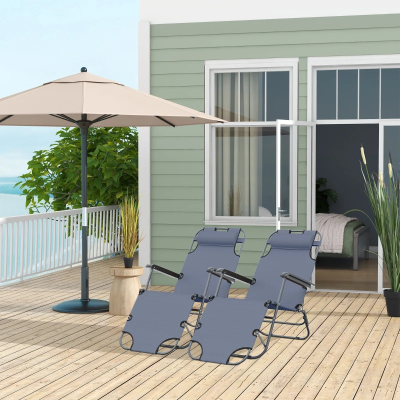 Outsunny Lot de 2 Chaises Longue inclinable transat Bain de Soleil fauteuil relax jardin 2 en 1 Pliant têtière Amovible