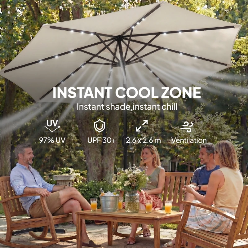 Outsunny 2.6 m Garden Parasol Umbrella with LED Solar Light, Parasol Cover, Outdoor Market Patio Umbrella, Cream White