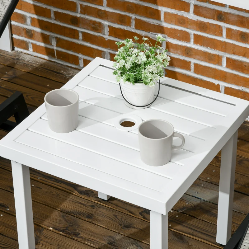 Outsunny Garden Side Table End Table Patio Coffee Table with Umbrella Hole, Steel Frame for Balcony, White