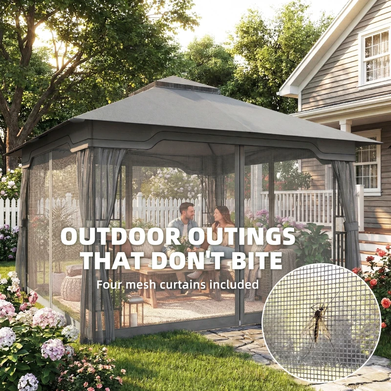 Outsunny 3.3 x 3.3 m Outdoor Garden Gazebo with Post Shelves, UPF50+ Patio Permanent Pavilion with Hook, Dark Grey