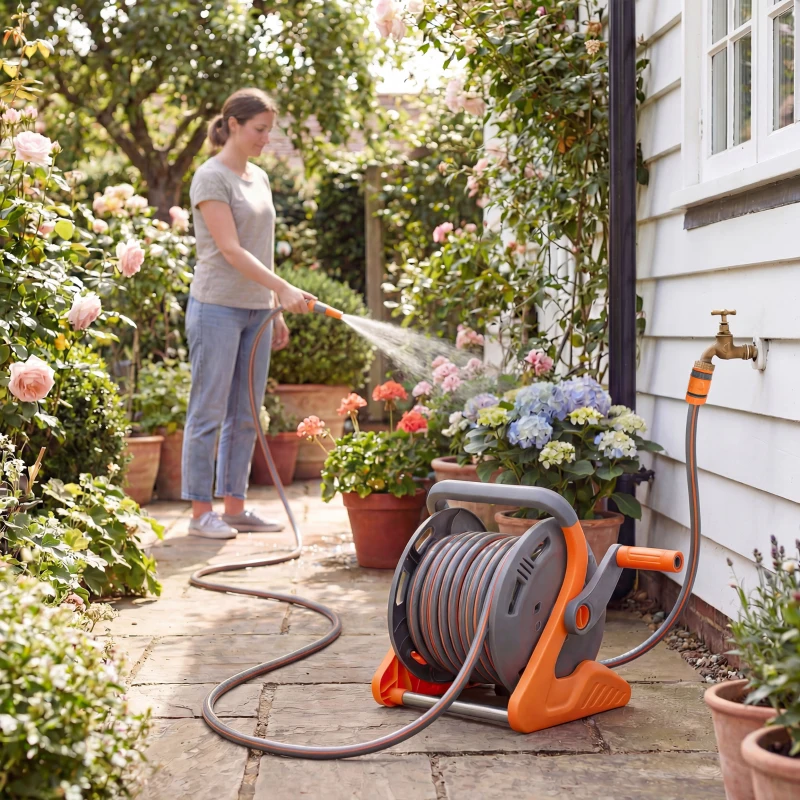 Outsunny Portable Garden Hose Reel, 20+2 m Wall Mounted Hose Reel with 2 Patterns Spray Nozzle and Crank Handle, Orange