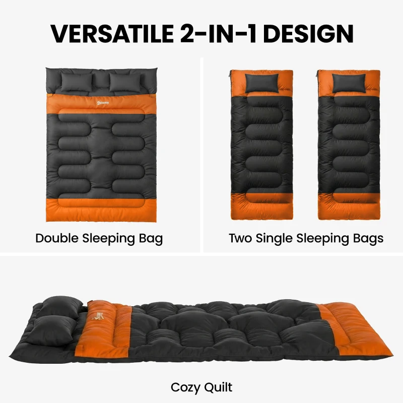 Outsunny Double Sleeping Bag with 2 Pillows, 220 x 160 cm Extra-Large Sleeping Bag for Adults, Grey and Orange