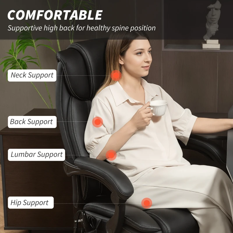 HOMCOM Fotel Biurowy Ergonomiczny z Funkcją Masażu, Podnóżkiem, Czarny Skórzany