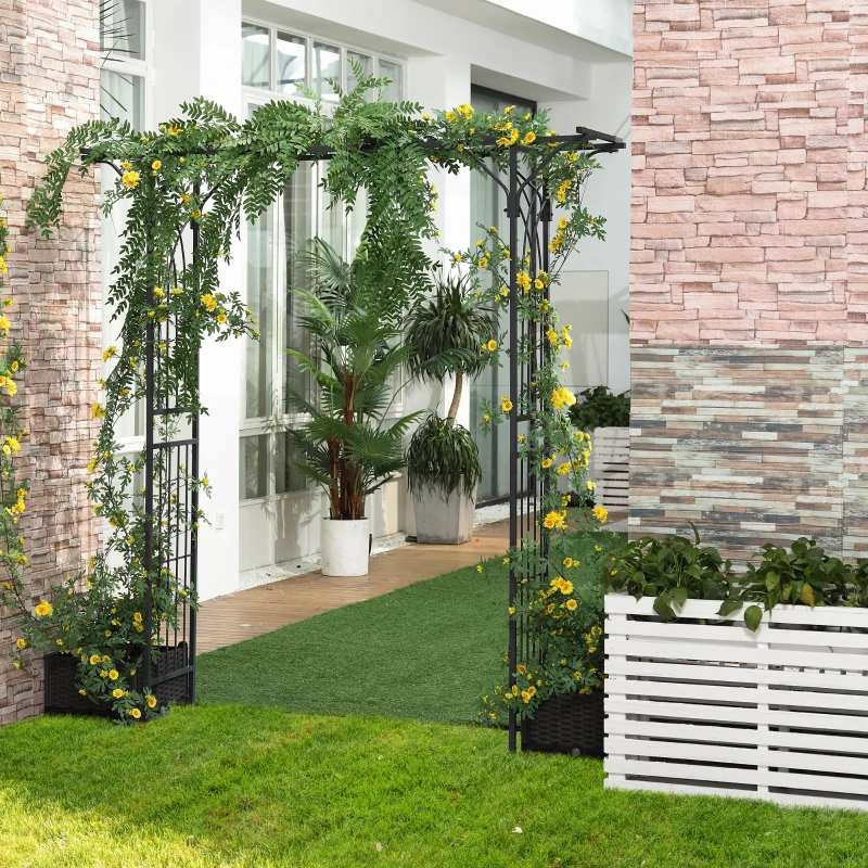 Outsunny 210cm Decorative Metal Garden Trellis Arch with Durable Steel Tubing & Elegant Scrollwork, Great for Weddings, Dark Gre