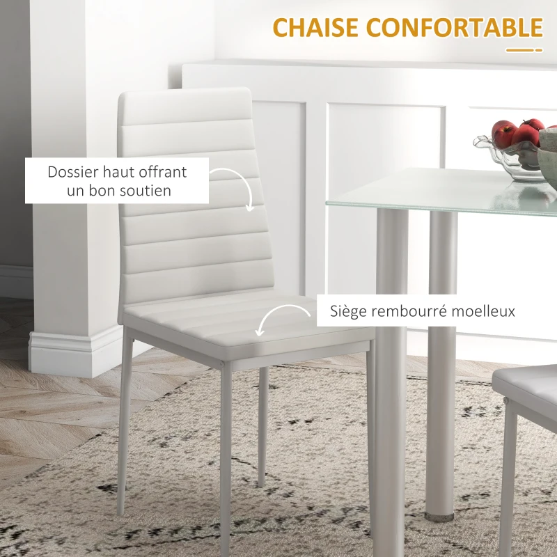 HOMCOM Ensemble de table à manger avec 4 chaises plateau en verre trempé, pieds en acier, pour cuisine salon blanc