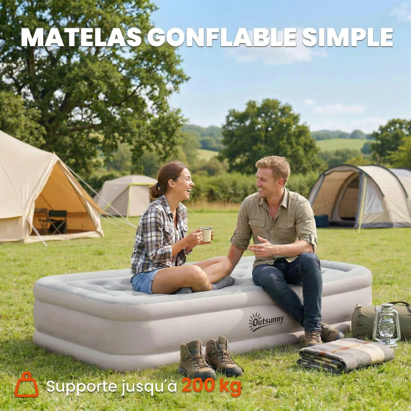 Outsunny Matelas Gonflable, Pompe Électrique Intégrée, Surface Floqué , Imperméable 5000 mm, Sac Transport, 190x97x39cm, Kaki