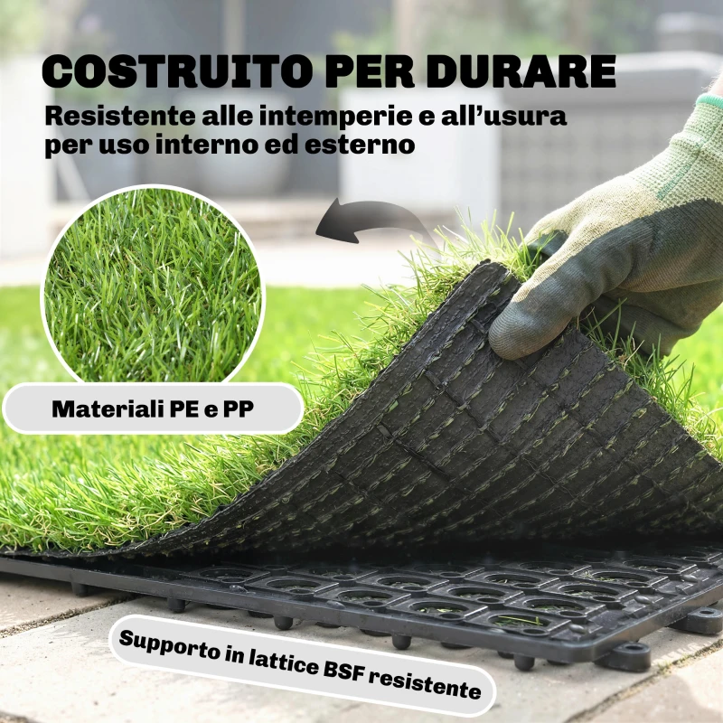 Outsunny 22 pezzi Erba Sintetica, Tappetino 30x30 cm, Pelo 25 mm, Verde