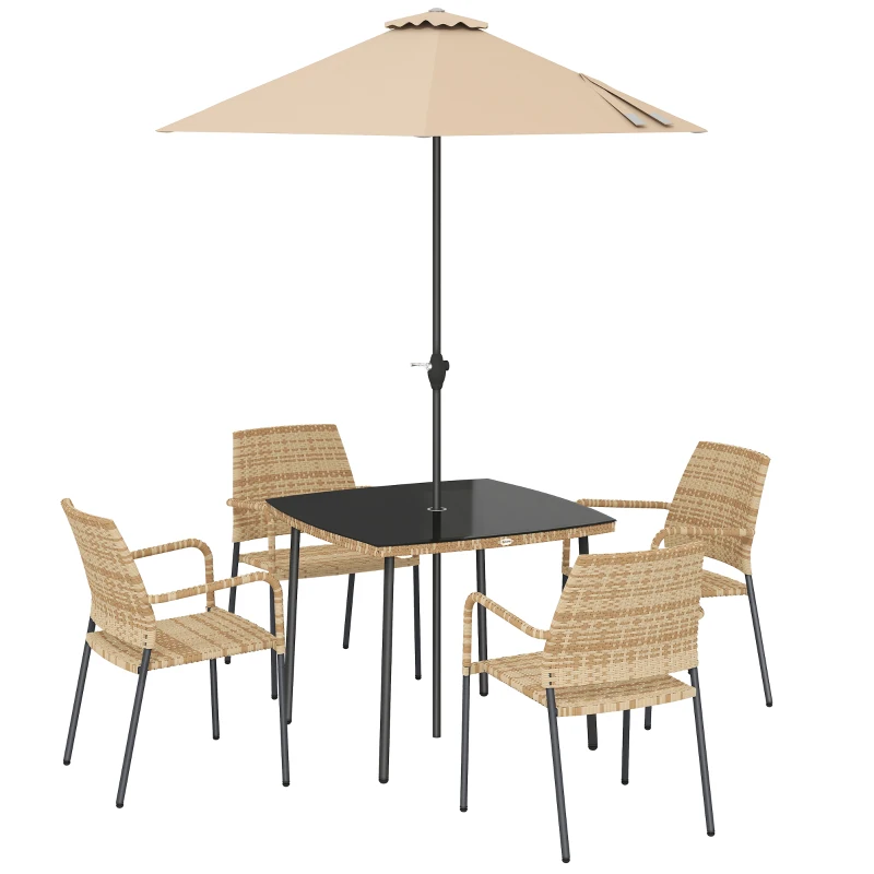 Outsunny 4 Seater Rattan Dining Set with Parasol, 6 Piece Garden Table and Stackable Chairs with Tempered Glass Tabletop