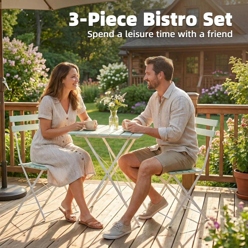 Outsunny Outdoor Bistro Set Folding Patio Furniture Set with 2 Chairs Table for 2 People White and Green