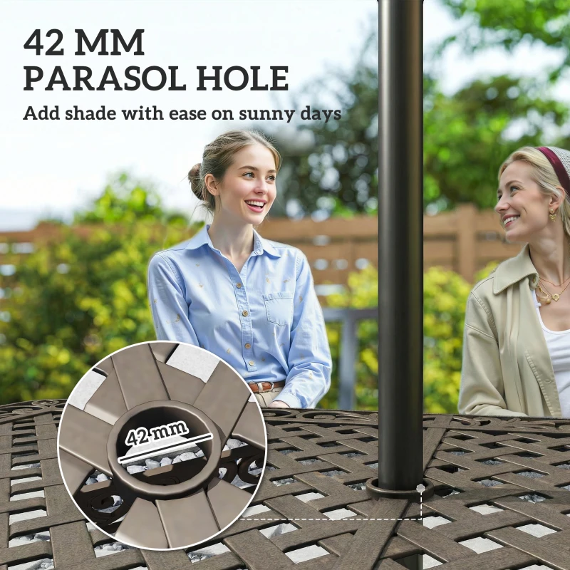 Outsunny Garden Dining Set for 6, Cast Aluminium Outdoor Table and Chairs Set with Cushions, Parasol Hole for Patio, Bronze Tone