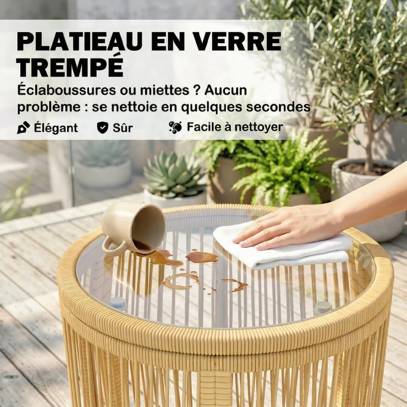 Outsunny Ensemble Bistro Salon de Balcon 3 Pièces 2 Fauteuils Confortables et Table en Verre Trempé Coussins Déhoussables Beige