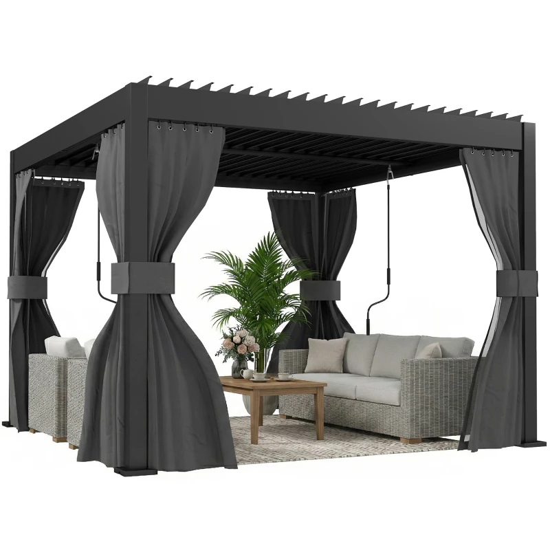 Outsunny 3 x 3 m Louvered Pergola with Adjustable Metal Louvred Roof, Aluminium Patio Gazebo with Netting and Curtains, Dark Grey