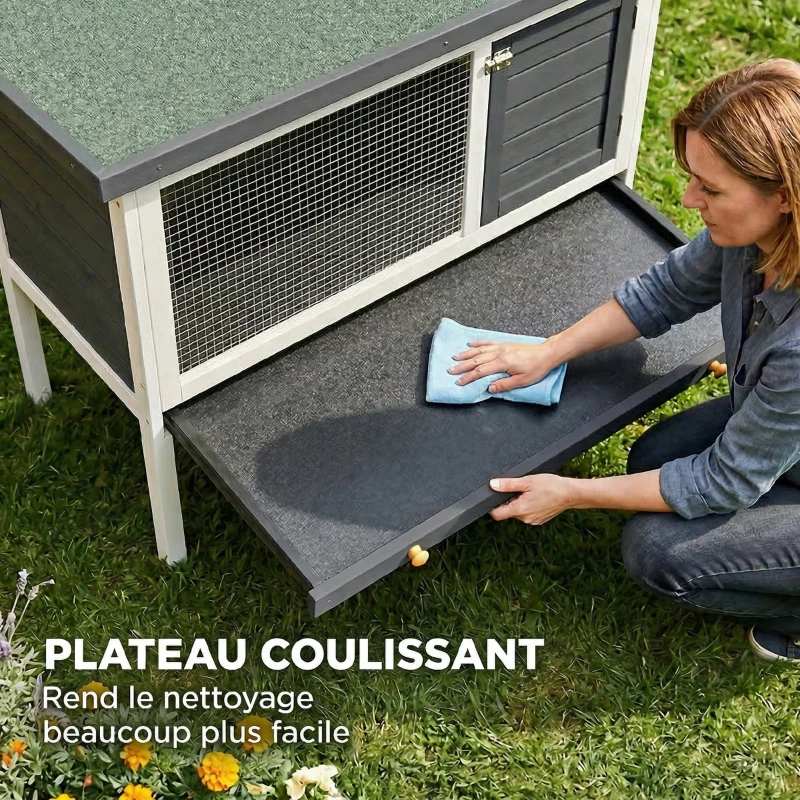PawHut Clapier Lapin Extérieur en Bois, avec Toit Ouvrable en Asphalt et Plateau Coulissant, Design Surélevé, 90x45x65cm, Gris