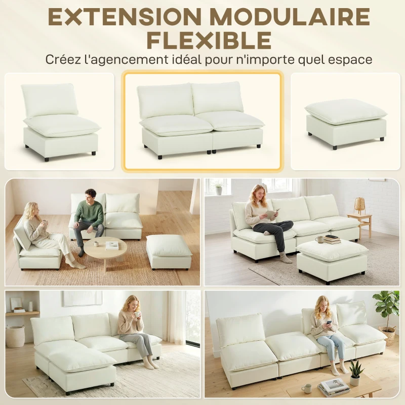HOMCOM Canapé 2 places modulable, canapé de salon moderne 146 cm sans accoudoirs avec assise large, coussins épais, crème