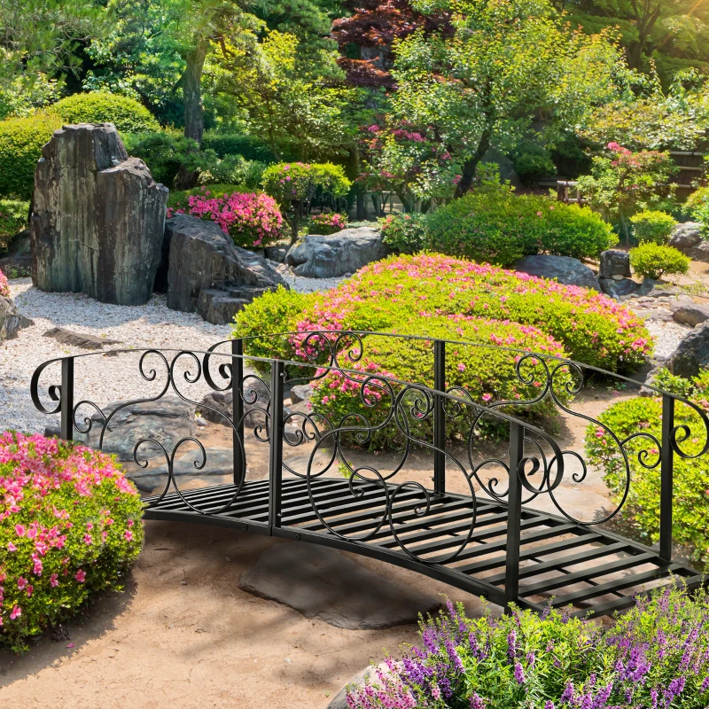 Outsunny 184cm Metal Arch Garden Garden Bridge, Safety Siderails, Arc Footbridge for Garden Creek, Stream, Pond, Black