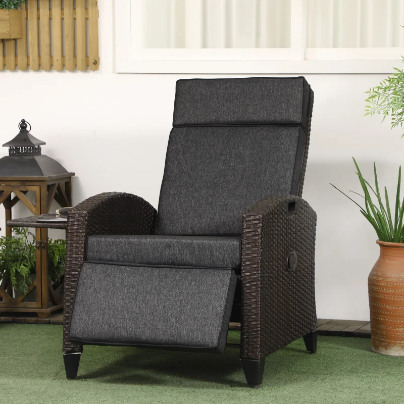 Outsunny Outdoor Recliner Chair with Adjustable Backrest and Footrest, Cushion, Side Tray, Dark Grey/Brown