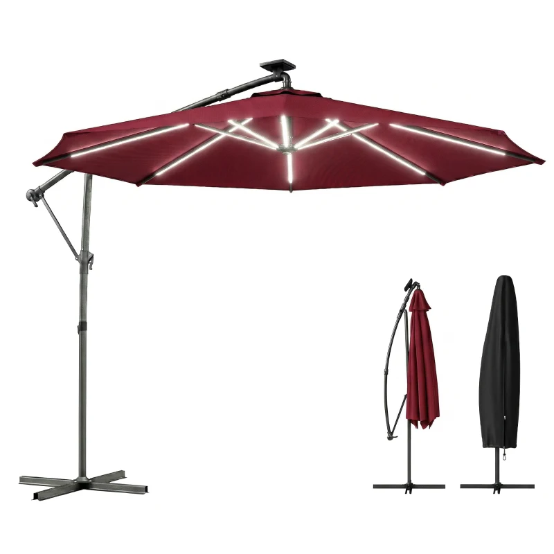 Outsunny 3 m Garden Cantilever Parasol with LED Solar Light, Round Overhanging Umbrella with 360° Rotation, Cover, Wine Red