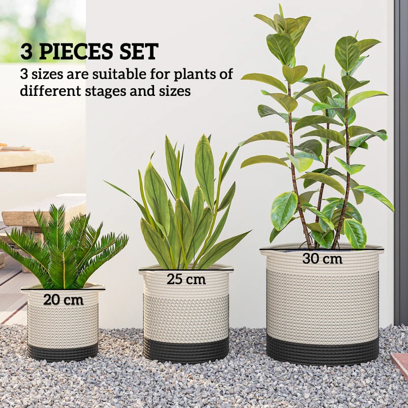 Outsunny Plant Pots Handwoven Cotton Indoor Planters with Waterproof Liner Set of 3 White