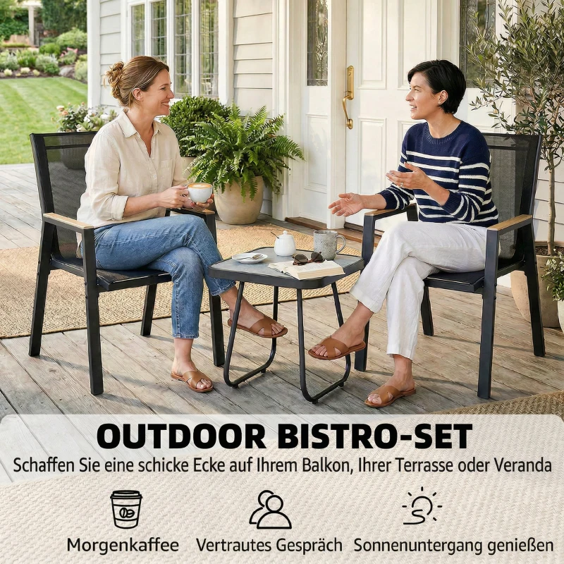 Outsunny Balkonmöbel Set 3 teilig Gartenmöbel Set mit Tisch 2 Stühle Atmungsaktiv Sitz Holzmaserung Schwarz