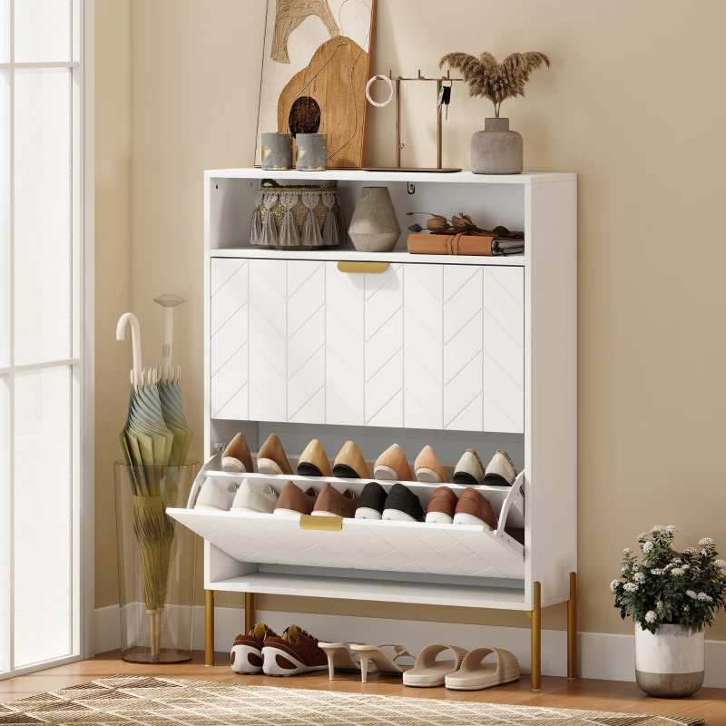 HOMCOM Dulap pentru pantofi 16 perechi, dulap îngust cu 2 sertare rabatabile, compartiment deschis, alb