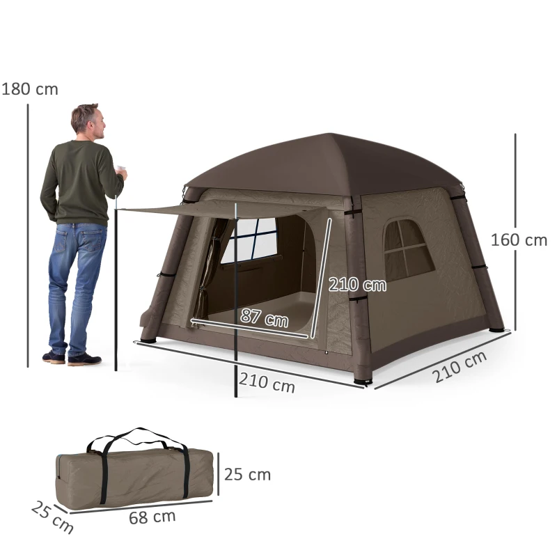 Outsunny Blow Up Tent w/ Hand Pump, Inflatable Camping Tent, Easy Setup 1/2 Person Waterproof Khaki