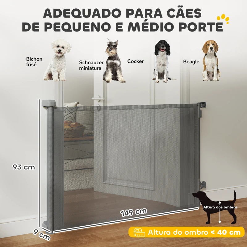 PawHut Barreira de Segurança Retrátil para Cães Extensível até 140 cm de Largura para Escadas e Portas Cinzento
