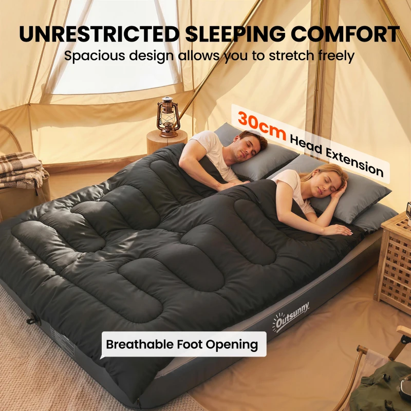 Outsunny Double Sleeping Bag with 2 Pillows, 220 x 160 cm Extra-Large Sleeping Bag for Adults, Black