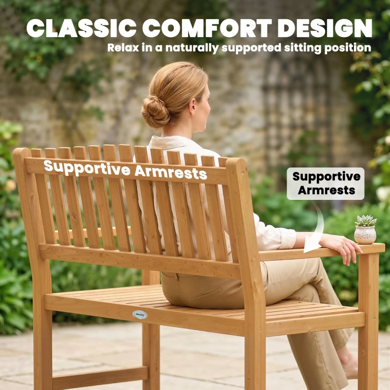 Outsunny Ławka ogrodowa 2-osobowa, odporna na warunki atmosferyczne, drewniana ławka z lamelowym designem i podłokietnikami, do 320 kg, 112 x 64 x 92 cm, naturalne drewno