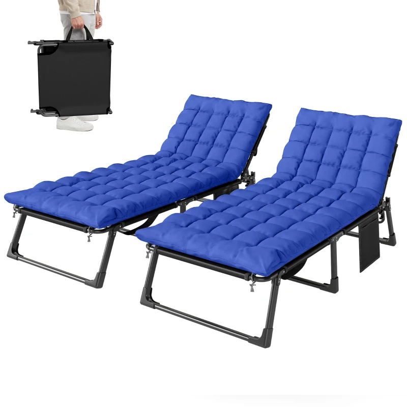 Outsunny Folding Sun Loungers for Garden Set of 2, 5-Position Oversized Camping Bed Recliner with Cushions, Blue