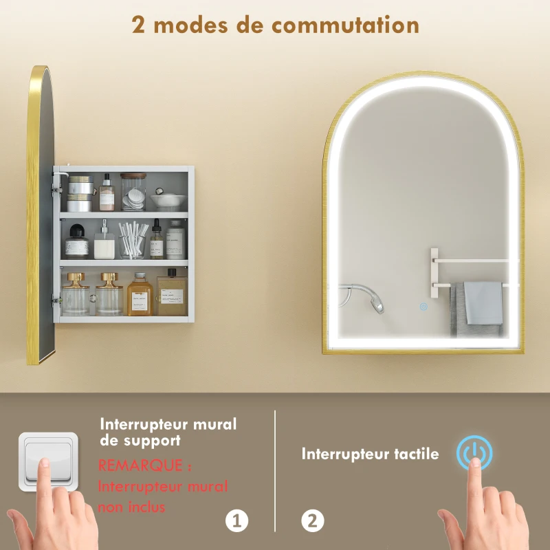 HOMCOM Armoire murale salle de bain avec miroir et éclairage LED, porte arquée, anti-buée, 50x14,5x70cm, doré