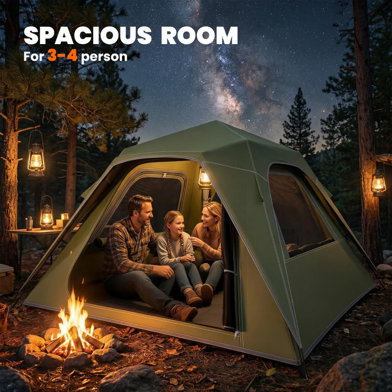 Outsunny Pop Up Tent 3000mm Waterproof Camping Tents with Mesh Windows 2-3 People Green