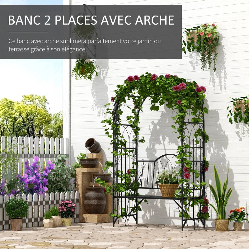 Outsunny Arche à rosiers Banc de Jardin 2 Places 2 en 1 dim. 115L x 59l x 203H cm métal époxy Noir