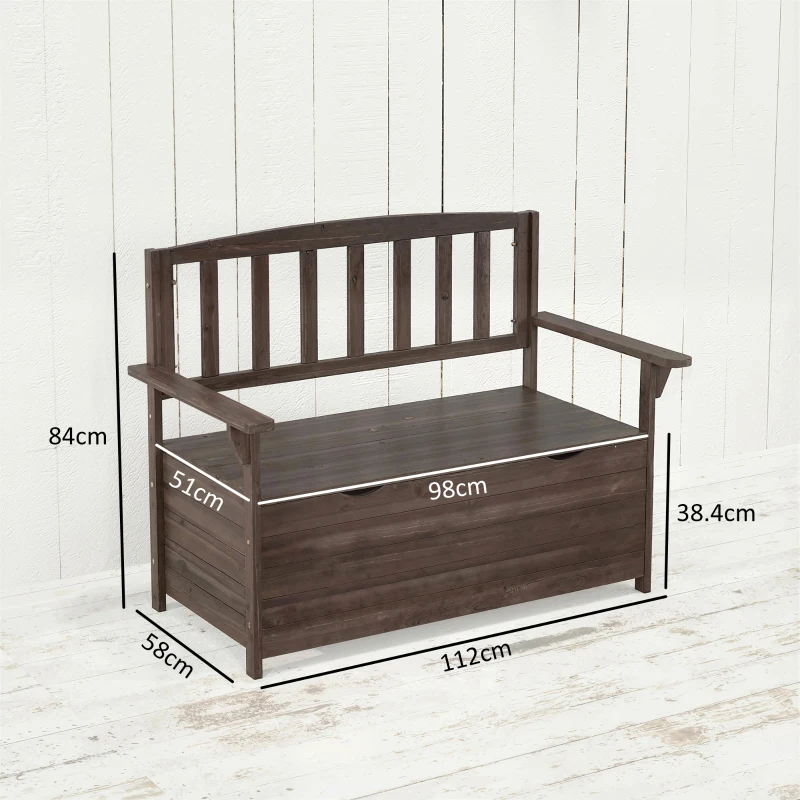 Outsunny Outdoor 2 Seater Garden Bench, Wooden Bench with Storage, Backrest, Arm Rests, 112 x 84 x 58 cm, Brown