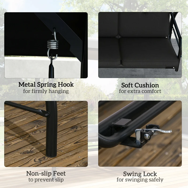 Outsunny 3 Seater Canopy Swing Chair, 2 in 1 Garden Swing Seat Bed, with Adjustable Canopy and Metal Frame, Black