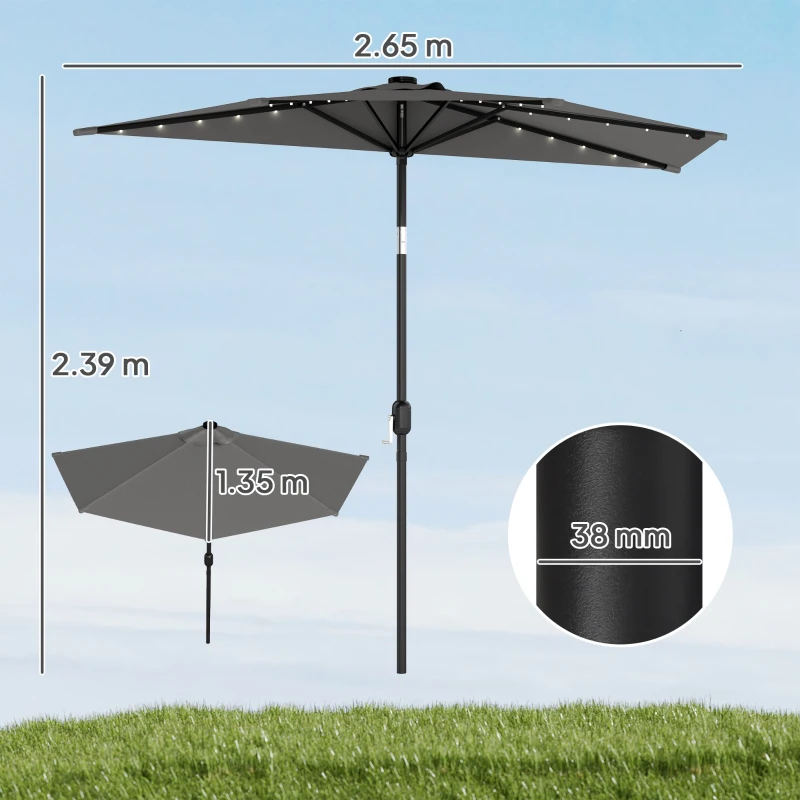 Outsunny 2.6 m Half Garden Parasol with Solar LED Lights, UPF50+ Semi Round Umbrella with 30° Tilt, Crank Handle, Dark Grey