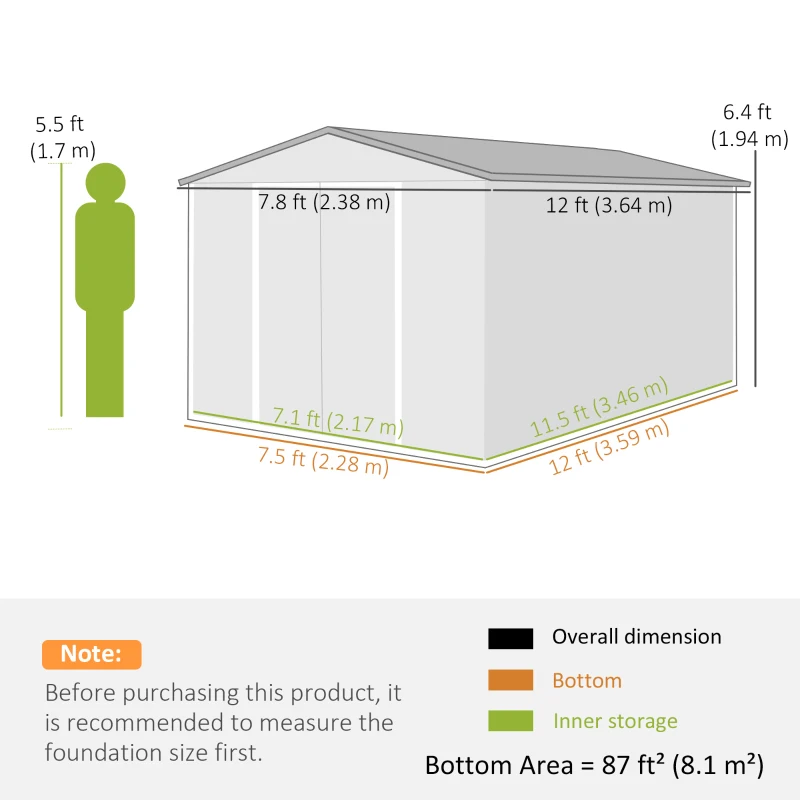 Outsunny 12 x 8 ft Garden Shed, Outdoor Storage Shed with 4 Vents and Lockable Double Doors, Dark Grey