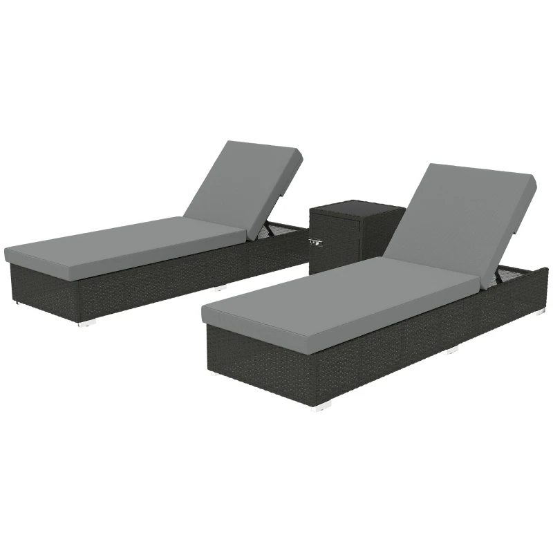 Outsunny Rattan Sun Loungers Set of 2 with Side Table, Garden Recliner Sunbeds with Adjustable Back, Cushions, Dark Grey