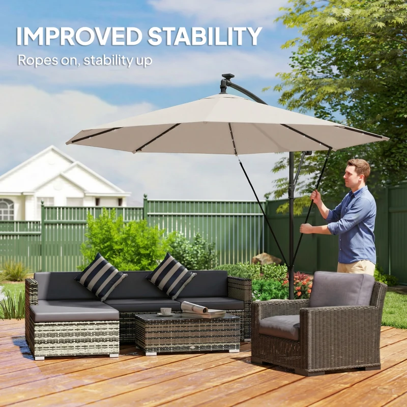 Outsunny 3 m Cantilever Parasol with Solar LED Lights Garden Umbrella with Cross Base, Cream White